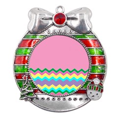 Easter Chevron Pattern Stripes Metal X mas Ribbon With Red Crystal Round Ornament by Amaryn4rt