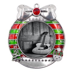 Acoustic Guitar Metal X mas Ribbon With Red Crystal Round Ornament by artworkshop