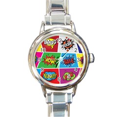 Pop Art Comic Vector Speech Cartoon Bubbles Popart Style With Humor Text Boom Bang Bubbling Expressi Round Italian Charm Watch by Amaryn4rt